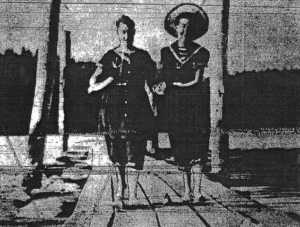 Madeleine and Alice Webster in swimming costumes on the pier near Johnston’s Hotel, 1880s (British Columbia Archives BCA A-08070 in Green 1944).